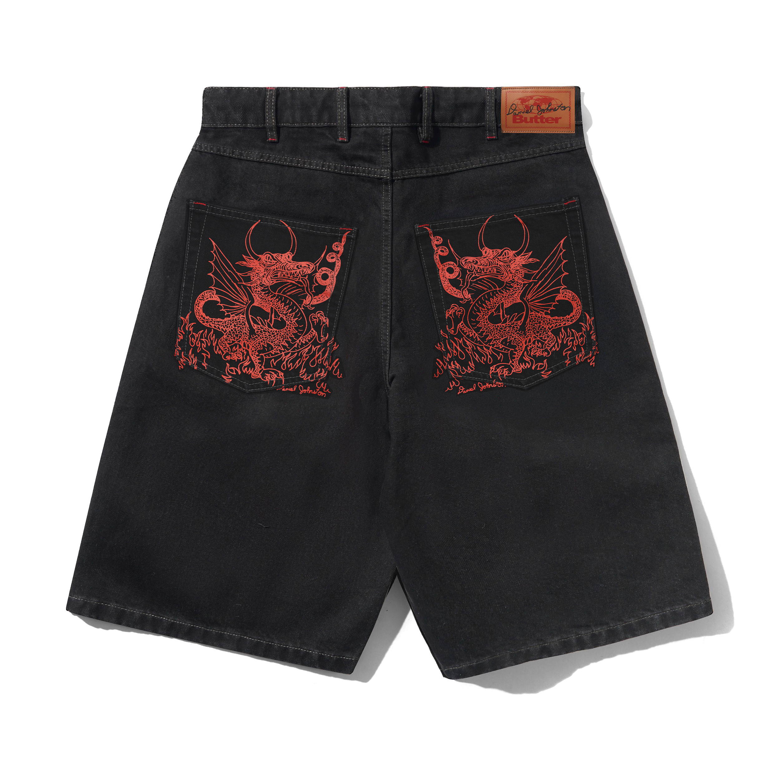 GOODS X DANIEL JOHNSTON DRAGON DENIM SHORTS WASHED BLACK - Tôpette Skateboards & Lifestyle