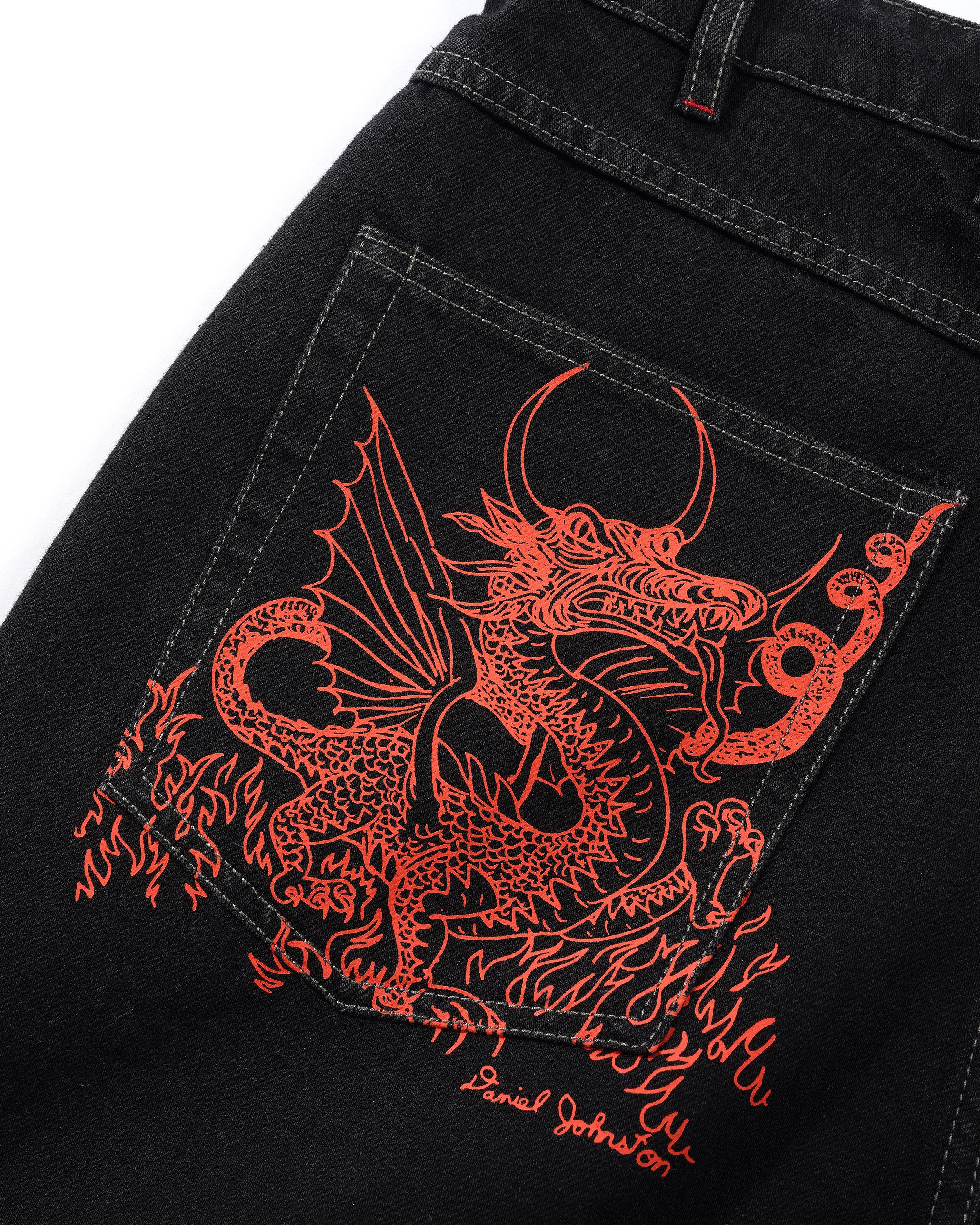 GOODS X DANIEL JOHNSTON DRAGON DENIM SHORTS WASHED BLACK - Tôpette Skateboards & Lifestyle