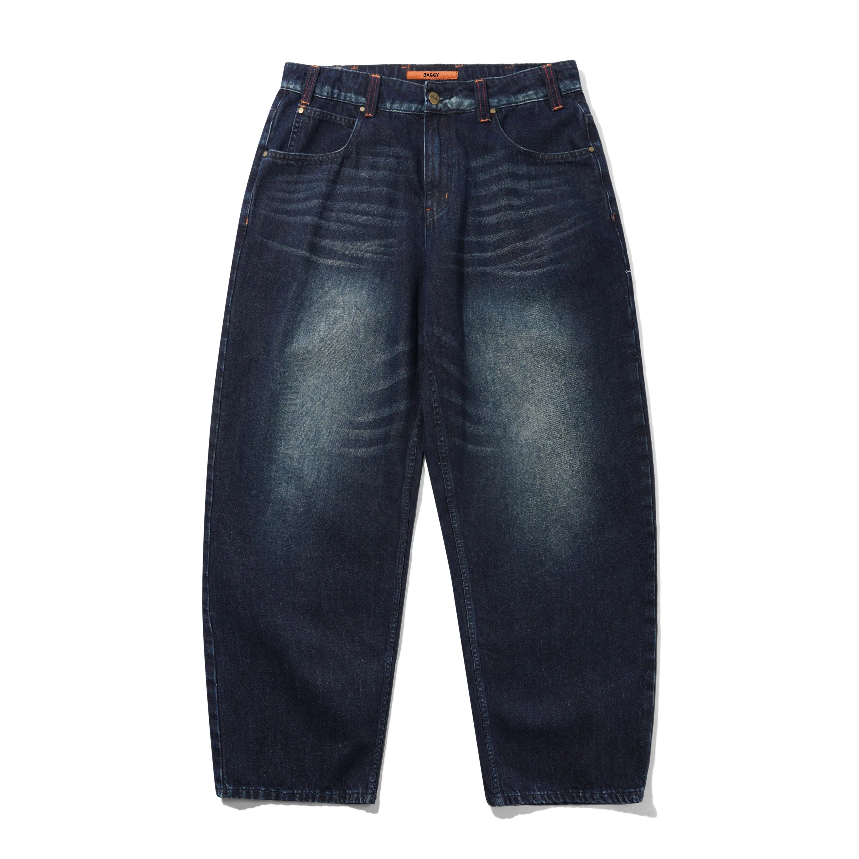BUTTER GOODS SERIF BAGGY DENIM JEANS, WORN DARK INDIGO