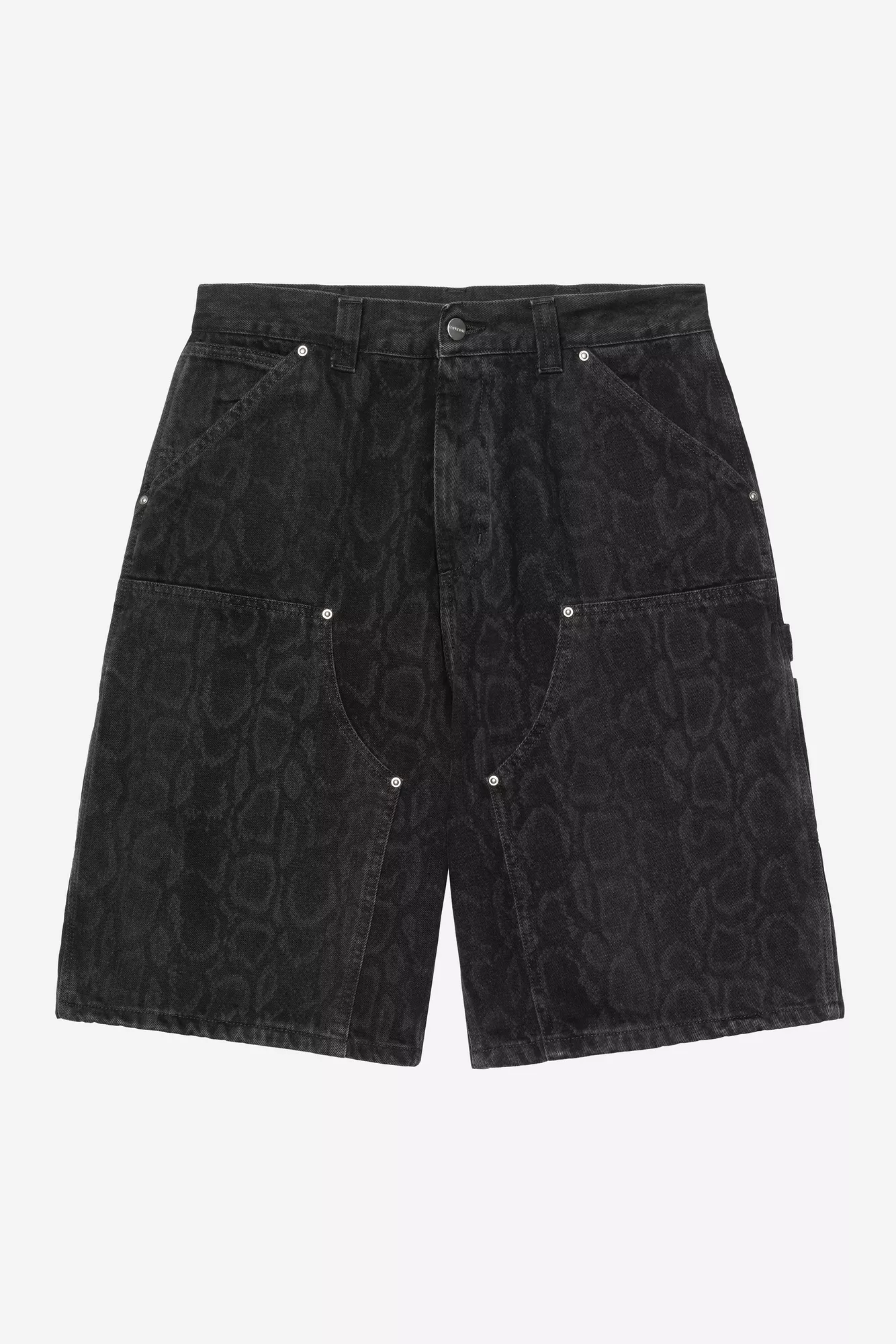 CARHARTT WIP OG DOUBLE KNEE SHORT SNAKE CAMO BLACK HEAVY STONE WASH - Tôpette Skateboards & Lifestyle